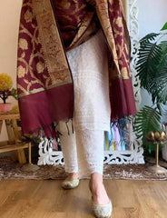 Women Chikankari Cotton Kurta Pant and Maroon Banarsi Dupatta set