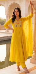 Women Yellow Cotton Jaipur Scenic Kurta Pant and Dupatta set