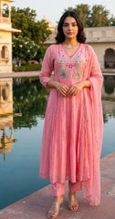 Women Pink Cotton Jaipur Scenic Kurta Pant and Dupatta set