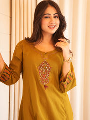 Women Mustard Cotton Embroidery Yoke Kurta Pant and Dupatta set
