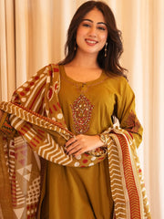 Women Mustard Cotton Embroidery Yoke Kurta Pant and Dupatta set