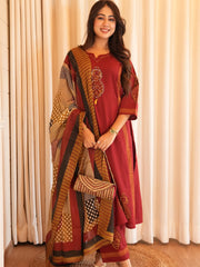 Women Red Cotton Katha work Yoke Kurta Pant and Dupatta set