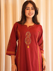Women Red Cotton Katha work Yoke Kurta Pant and Dupatta set