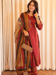 Women Red Cotton Katha work Yoke Kurta Pant and Dupatta set