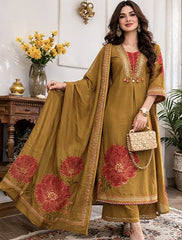 Women Mustard Cotton Wedding Season Kurta Pant and Dupatta set