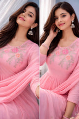 Women Pink Cotton Embroidery Blossom Kurta Pant and Dupatta set