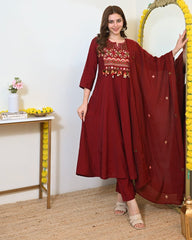 Women Red Cotton Embroidery ASK Kurta Pant and Dupatta set