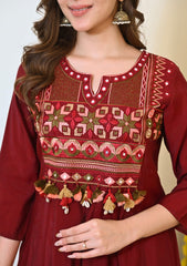 Women Red Cotton Embroidery ASK Kurta Pant and Dupatta set