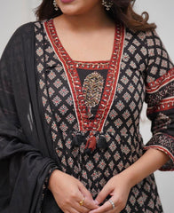 Women Black Cotton Fairytale Kurta Pant and Dupatta set