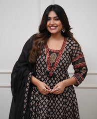 Women Black Cotton Fairytale Kurta Pant and Dupatta set