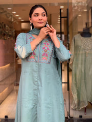 Women Blue Cotton Plated Embroidery Kurta Pant and Dupatta set