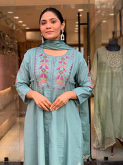 Women Blue Cotton Plated Embroidery Kurta Pant and Dupatta set