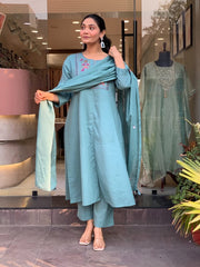 Women Blue Cotton Plated Embroidery Kurta Pant and Dupatta set