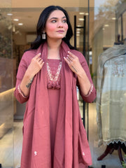 Women Rose Pink Cotton Embroidery Panel Kurta Pant and Dupatta set