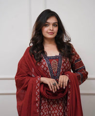 Women Red Cotton Fairytale Kurta Pant and Dupatta set