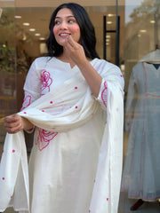 Women White Cotton Embroidery Malmal Kurta Pant and Dupatta set