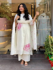 Women White Cotton Embroidery Malmal Kurta Pant and Dupatta set
