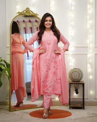 Women Pink Cotton Embroidery Latkan Kurta Pant and Dupatta set