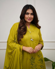 Women Green Cotton Embroidery Latkan Kurta Pant and Dupatta set