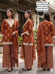 Women Rust orange Cotton Lace work Kurta Pharsi Salwar and Malmal Dupatta set