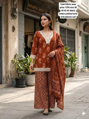 Women Rust orange Cotton Lace work Kurta Pharsi Salwar and Malmal Dupatta set