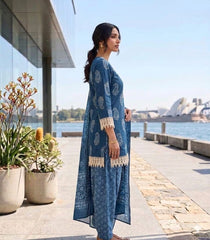 Women Prussian Blue Cotton Lace Work Kurta Pharsi Salwar and Malmal Dupatta set
