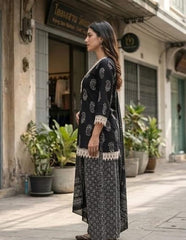 Women Black Cotton Lace Work Kurta Pharsi Salwar and Malmal Dupatta set