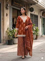 Women Rust orange Cotton Lace work Kurta Pharsi Salwar and Malmal Dupatta set