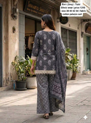 Women Grey Cotton Lace Work Kurta Pharsi Salwar and Malmal Dupatta set
