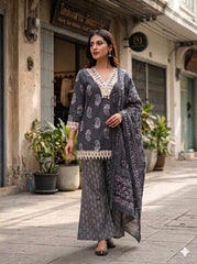 Women Grey Cotton Lace Work Kurta Pharsi Salwar and Malmal Dupatta set