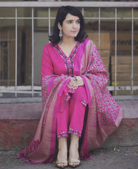 Women Pink Embroidery Cotton Kurta Pant and Dupatta set