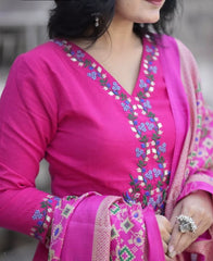 Women Pink Embroidery Cotton Kurta Pant and Dupatta set