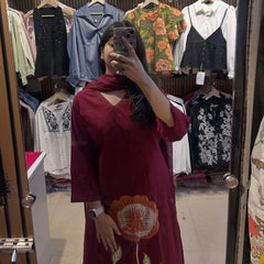 Women Maroon Cotton Rose Embroidery Kurta Pant and Mal Dupatta set