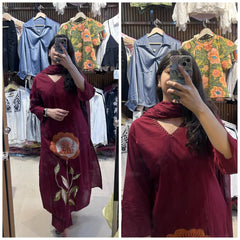 Women Maroon Cotton Rose Embroidery Kurta Pant and Mal Dupatta set