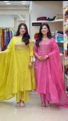Women Pink Cotton Kodi Embroidery Kurta Pant and Malmal Dupatta set