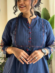 Women Blue Cotton Patch and Printx kurta pant and Dupatta set