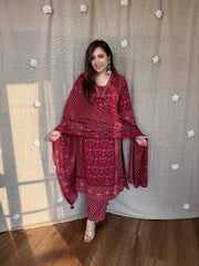 Women Red Cotton Kurta Pant and Dupatta set