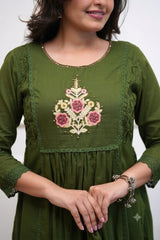 Women Green Cotton Classy Look Embroidery Kurta Pant and Dupatta set