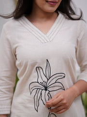 Women White Cotton Flowers Branch Kurta Pant set