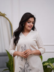 Women White Cotton Flowers Branch Kurta Pant set