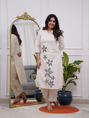 Women White Cotton Lonely Flowers Kurta Pant set