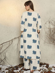 Women White Cotton Elephant Kurta Pant set