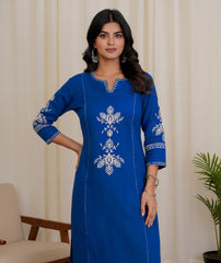 Women Blue South Cotton Embroidery Kurta Pant Set