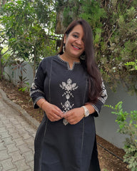 Women Black South Cotton Embroidery Kurta Pant set