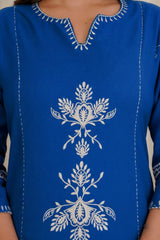 Women Blue South Cotton Embroidery Kurta Pant Set