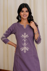 Women Purple South Cotton Embroidery Kurta Pant set