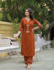 Women Rust South Cotton Embroidery Kurta Pant set