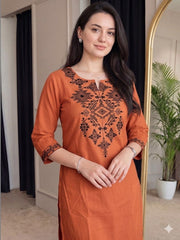 Women Rust Cotton Embroidery Yoke Kurta Pant set