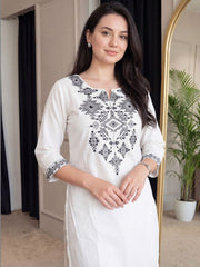 Women White Cotton Embroidery Yoke Kurta Pant set