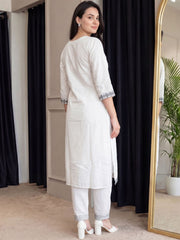 Women White Cotton Embroidery Yoke Kurta Pant set